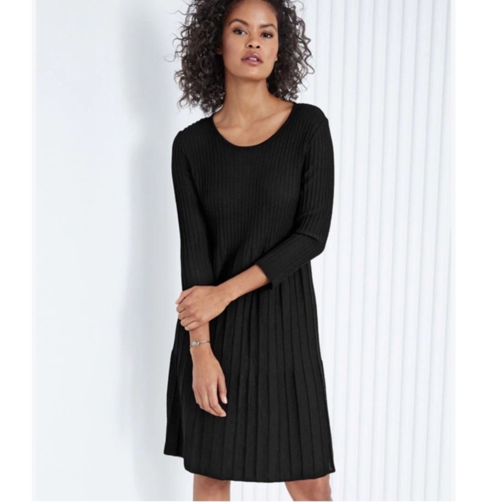 Eileen Fisher Black Wool Pleated Mini Fit and Flare Dress Medium Scoop Neck